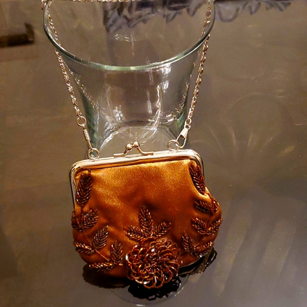 Gold evening Beaded purse w silver hardware 5" x 4.5"
